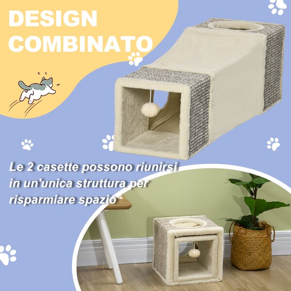 PawHut Tunnel per Gatti Pieghevole con Casette, Tiragraffi e Pallina in Peluche e Sisal, Crema