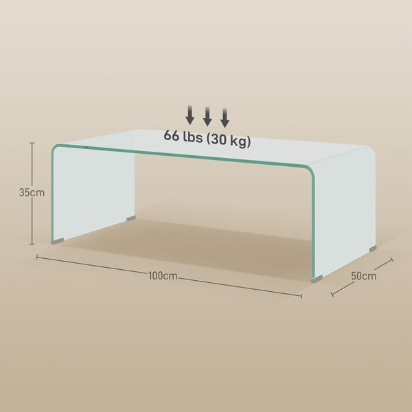 HOMCOM Tavolino in Vetro Temperato Moderno da Salotto con Design Monoblocco, 100x50x35 cm, Trasparente