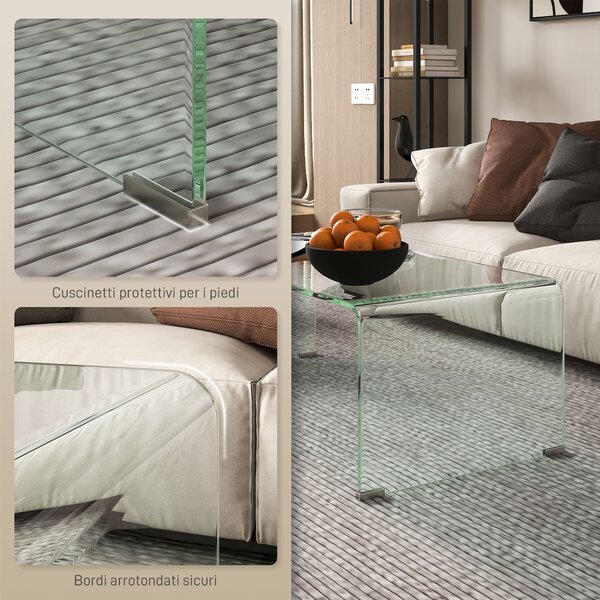 HOMCOM Tavolino in Vetro Temperato Moderno da Salotto con Design Monoblocco, 100x50x35 cm, Trasparente
