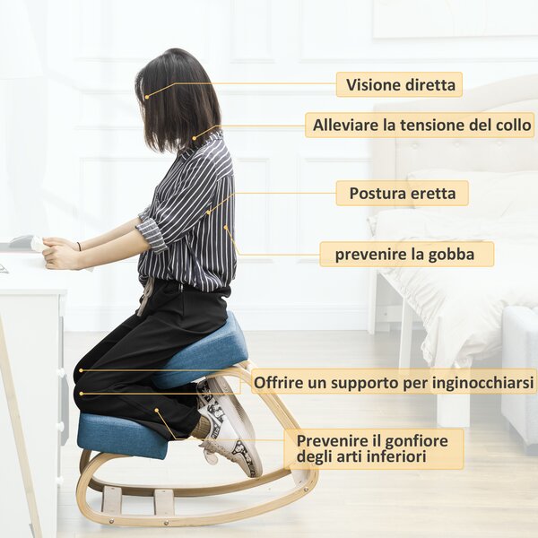 Vinsetto Sedia Inginocchiatoio Ergonomica con funzione di inclinazione e Legno di Betulla, 51x69x58cm, Blu| Aosom Italy