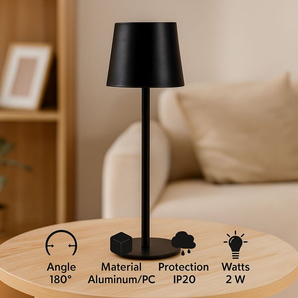 Lampada da tavolo Led touch Serena 2W Nera CCT temperatura colore regolabile portatile a batteria ricaricabile USB M mimotec