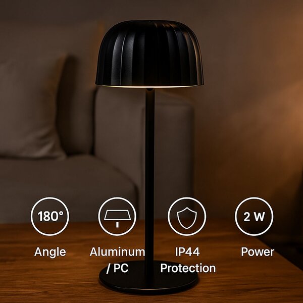 Lampada da tavolo Led Touch Gonza 2W Nera portatile ricaricabile energia solare Bianco caldo 3000K M mimotec