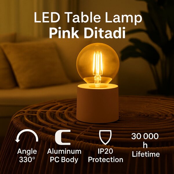 Lampada da tavolo Led Ditadi 1W Rosa a batteria Bianco caldo 2500K M mimotec