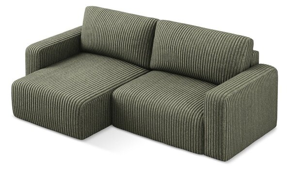 Divano angolare verde allungabile/con contenitore (con penisola a sinistra/con chaise lounge) con rivestimento in velluto a coste Kona – Makamii