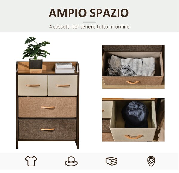 HOMCOM Cassettiera 4 Cassetti Pieghevoli in Tessuto e Ripiano in MDF, Arredamento Soggiorno e Camera, 58x29x78.5cm, Multicolore|Aosom