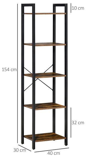 HOMCOM Libreria Scaffale Moderno Industriale a 5 Scaffali in Legno e Acciaio per Casa, Ufficio e Studio, 40x30x154cm, Marrone Rustico|Aosom Italy