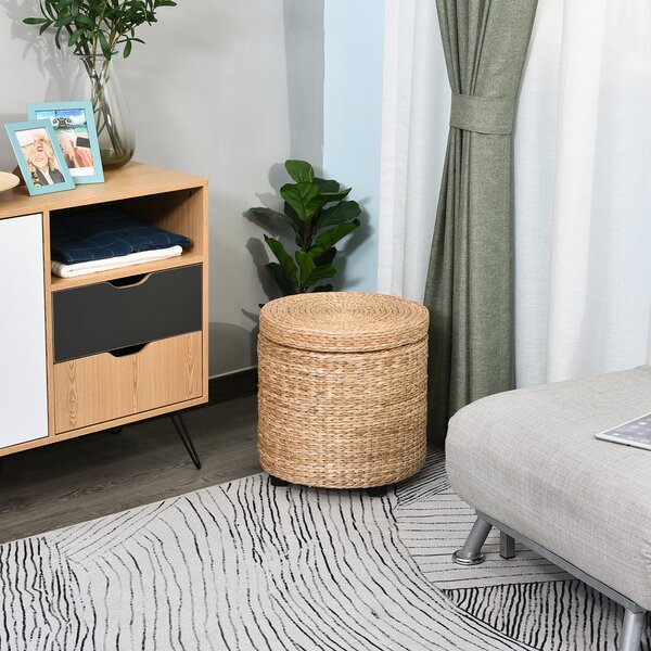 Pouf Rotondo Con Contenitore STORAGEBUD In Bouclé Grigio - Poggiapiedi Ottomano Con Coperchio Reversibile (Morbido/Legno) Per Soggiorno E Camera Da Letto, 43x33 Cm - 4