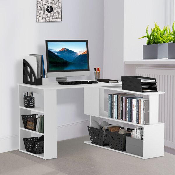 HOMCOM Scrivania Angolare con Parte Estraibile e 5 Ripiani, Girevole 360° Forma a L Bianca, 120x110x74.5cm|Aosom