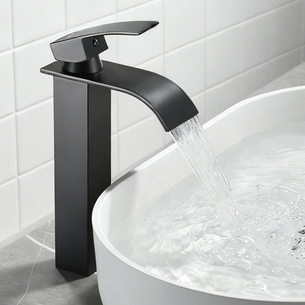 Miscelatore monocomando per lavabo, modello "waterfall", nero, altezza 273 mm, in acciaio inossidabile, per acqua calda e fredda