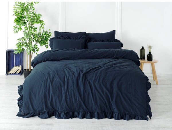 Set copripiumino e federa blu scuro in cotone renforcé per letto singolo 140x200 cm Ruffle Striped – Mila Home Luxury