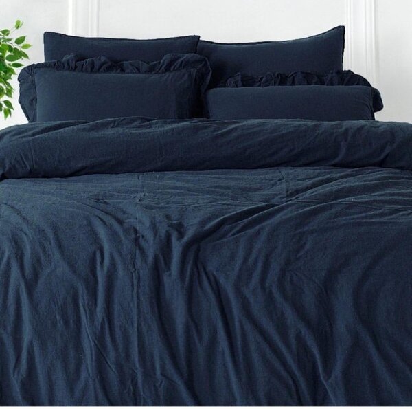 Set copripiumino e federa blu scuro in cotone renforcé per letto singolo 140x200 cm Ruffle Striped – Mila Home Luxury