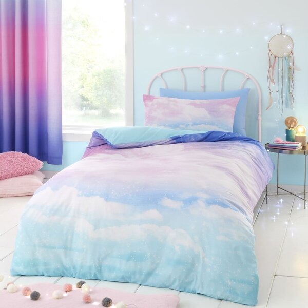 Set copripiumino e federa da bambini blu e rosa per letto singolo 135x200 cm Ombre Rainbow Clouds – Catherine Lansfield