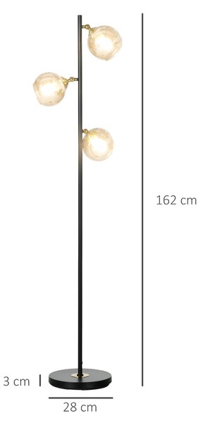 HOMCOM Lampada da Terra in Metallo ad Albero con 3 Paralumi in Vetro, Ø36x162 cm, Nero e Grigio|Aosom