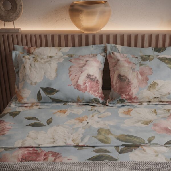 Completo Lenzuola MATRIMONIALE - 250X290 175X205 2 FEDERE 50X80 Vanity Flowers AZZURRO Percalle Caleffi