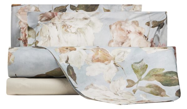 Completo Lenzuola MATRIMONIALE - 250X290 175X205 2 FEDERE 50X80 Vanity Flowers AZZURRO Percalle Caleffi