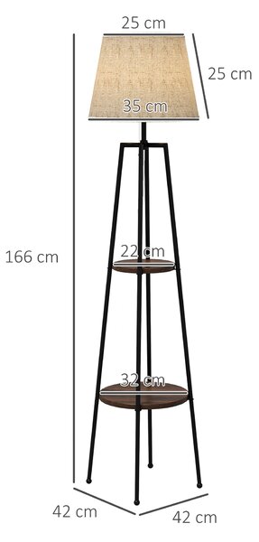 HOMCOM Lampada da Terra a 2 Ripiani in Metallo e MDF con Paralume in Tessuto, Ø42x166 cm, Nero e Marrone