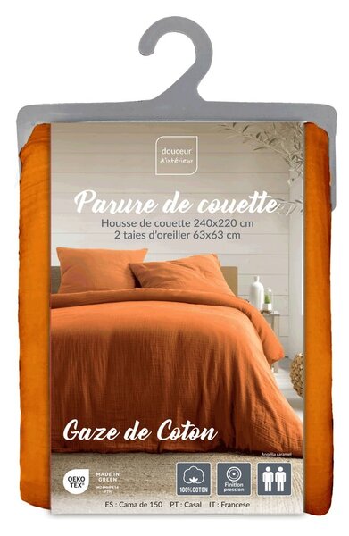 Set copripiumino e federa arancione/marrone in mussola per letto matrimoniale ed esteso 240x220 cm Angelia – douceur d'intérieur
