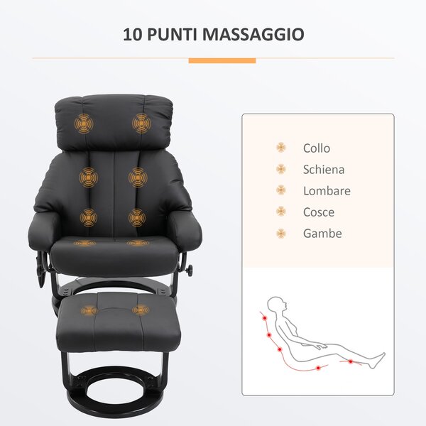 HOMCOM Poltrona Massaggiante con Pouf Poggiapiedi e Telecomando, Reclinabile, Poltrona Relax Imbottita in Similpelle, Nero|Aosom