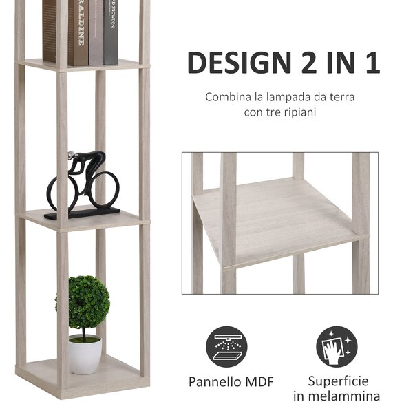 HOMCOM Lampada da Terra con 3 Mensole Integrate, Attacco E27 Potenza 40W, Arredamento Moderno in MDF, 26x26x160cm, Rovere|Aosom