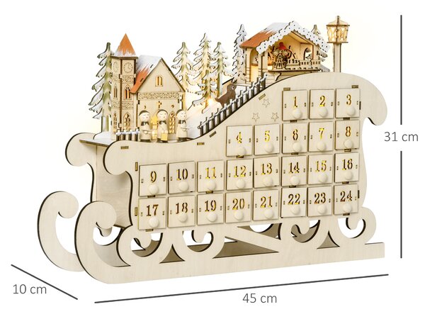 HOMCOM Calendario Avvento di Natale in Legno a Forma di Slitta con 24 Cassetti da Riempire, Decorazioni e Luci a LED, 45x10x31cm | Aosom Italy