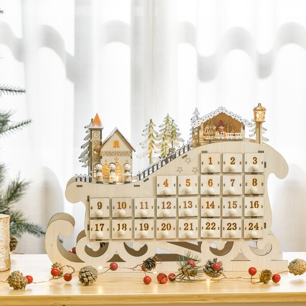 HOMCOM Calendario Avvento di Natale in Legno a Forma di Slitta con 24 Cassetti da Riempire, Decorazioni e Luci a LED, 45x10x31cm | Aosom Italy