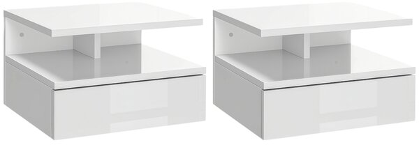 HOMCOM Set da 2 Comodini Moderni Sospesi con Cassetto e Mensola in Legno 35x32x22.5cm, Bianco Lucido|Aosom