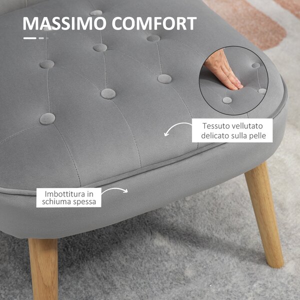 HOMCOM Sedia Moderna per Soggiorno, Camera da Letto e Sala da Pranzo, Seduta Imbottita, Gambe in Legno, Tessuto Vellutato, 60x66x79 cm, Grigia | Aosom