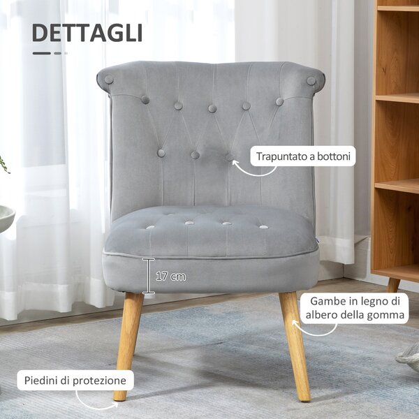 HOMCOM Sedia Moderna per Soggiorno, Camera da Letto e Sala da Pranzo, Seduta Imbottita, Gambe in Legno, Tessuto Vellutato, 60x66x79 cm, Grigia | Aosom