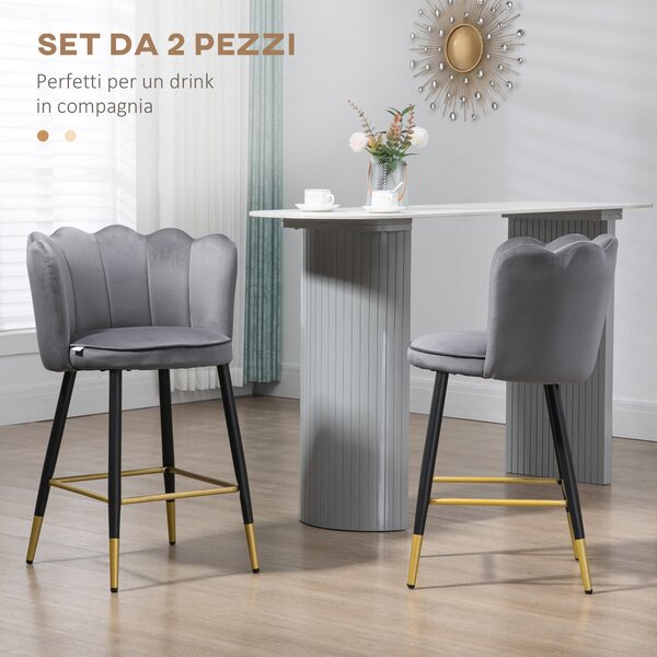 HOMCOM Set da 2 Sgabelli da cucina e da Bar Vellutati con Poggiapiedi e Base in acciaio, 59x52x90cm, Grigio| Aosom Italy