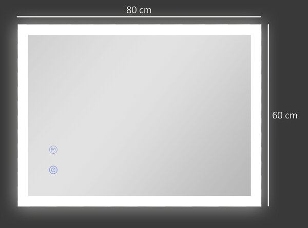 Kleankin Specchio Bagno da Parete Moderno con LED Rettangolare, Sensori Touch, Anti-Appannamento, 3 Colori di Luce, 80x60x3cm | Aosom Italy