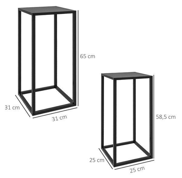 Outsunny Tavolino Portapiante Set 2 Pezzi in Acciaio per Interni ed Esterni, 25x25x58.5 cm e 31x31x65 cm, Nero