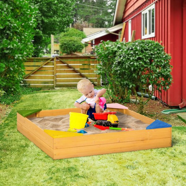 Outsunny Sabbiera per Bambini da 4 Posti in Legno di Abete con Design senza Fondo, 109x109x19.8 cm|Aosom