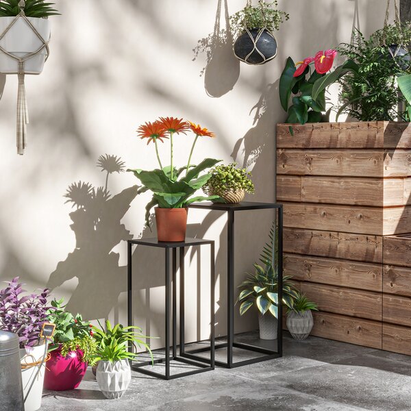 Outsunny Tavolino Portapiante Set 2 Pezzi in Acciaio per Interni ed Esterni, 25x25x58.5 cm e 31x31x65 cm, Nero