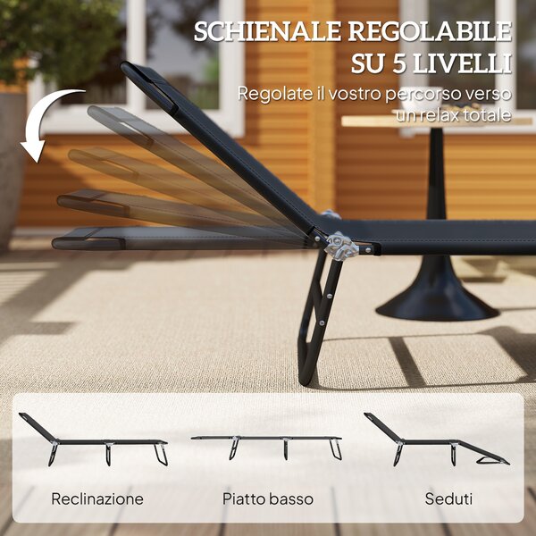 Outsunny Sdraio da Giardino Pieghevole con Schienale Regolabile, Acciaio e Tessuto Oxford, 188x56x28cm, Nero|Aosom