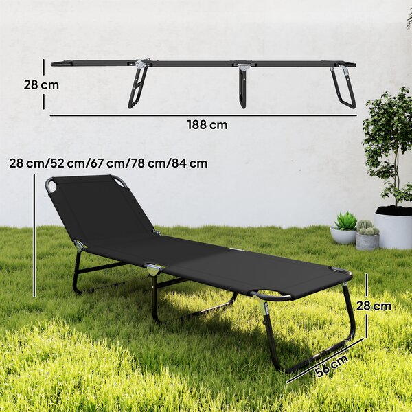 Outsunny Sdraio da Giardino Pieghevole con Schienale Regolabile, Acciaio e Tessuto Oxford, 188x56x28cm, Nero|Aosom