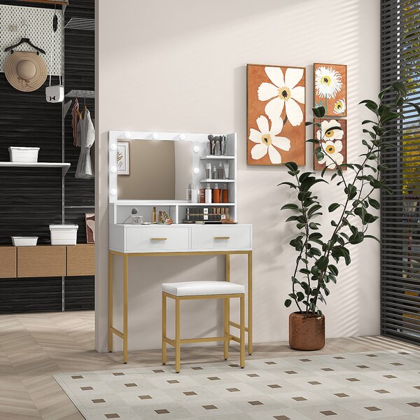 HOMCOM Mobile Toeletta con Specchio, 2 Cassetti, 5 Ripiani e Sgabello, in MDF e Truciolato, 80x40x138 cm, Bianco|Aosom