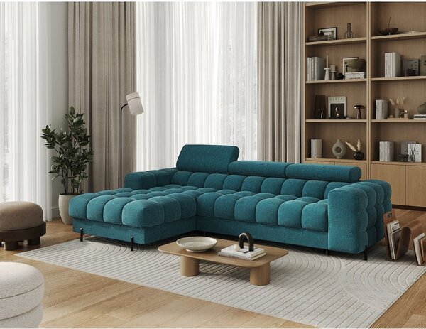 Divano angolare blu allungabile/con contenitore (con penisola a sinistra/con chaise lounge) con rivestimento in bouclé Felro – ELTAP