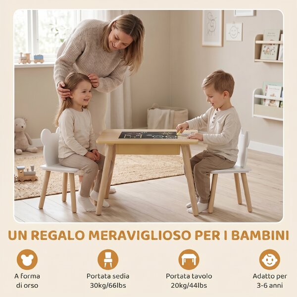 AIYAPLAY Set Tavolo 3 in 1 e 2 Sedie per Bambini con Schienale a Orsetto, Età 3-6 Anni, Colore Legno