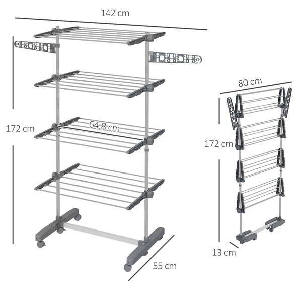 HOMCOM Stendino Verticale con 4 Ripiani Regolabili, in Acciaio e Plastica, 142x55x172 cm, Grigio e Argento