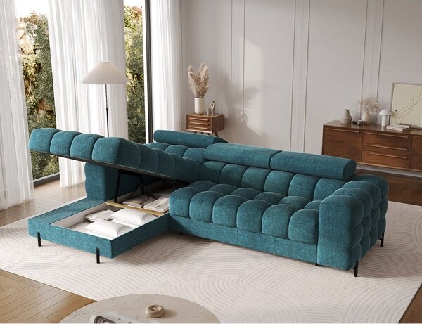 Divano angolare blu allungabile/con contenitore (con penisola a sinistra/con chaise lounge) con rivestimento in bouclé Felro – ELTAP