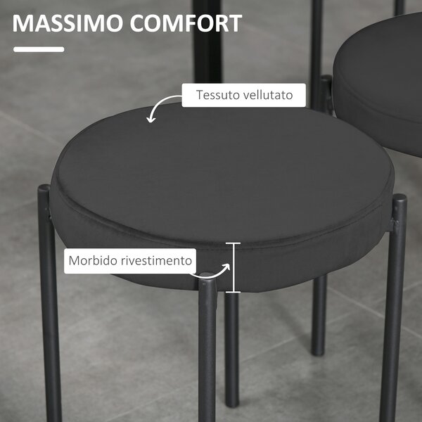 HOMCOM Set 4 Sgabelli Bassi e Rotondi in Metallo e Tessuto, Effetto Velluto, 41.5x41.5x46 cm, Nero | Aosom Italy