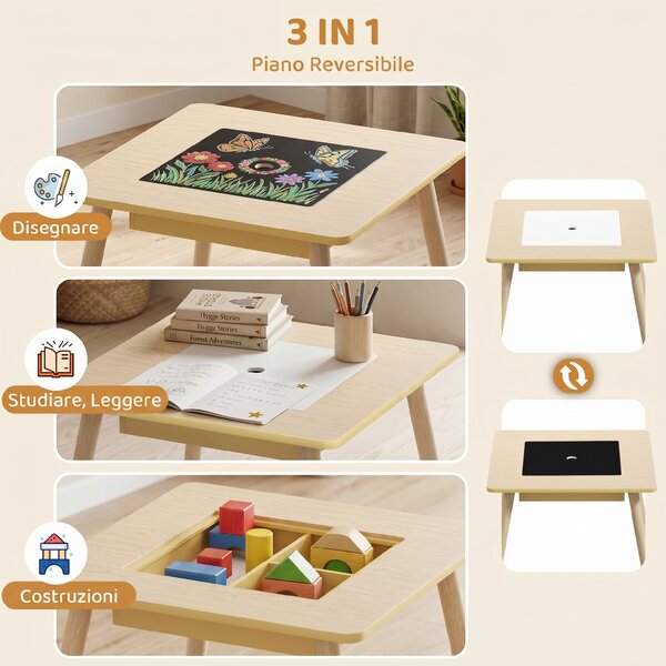 AIYAPLAY Set Tavolo 3 in 1 e 2 Sedie per Bambini con Schienale a Orsetto, Età 3-6 Anni, Colore Legno