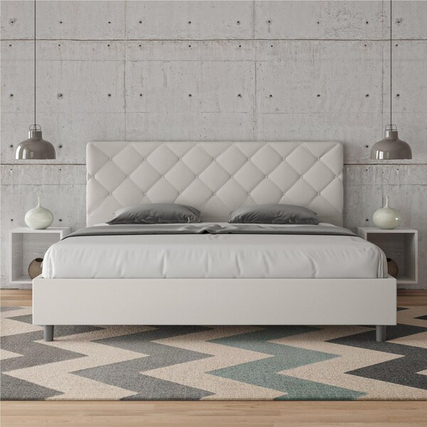 Letto matrimoniale PRIYA king size con giroletto imbottito Similpelle, dimensioni 180x190 cm testata fantasia trapuntata a rombi, colore Bianco