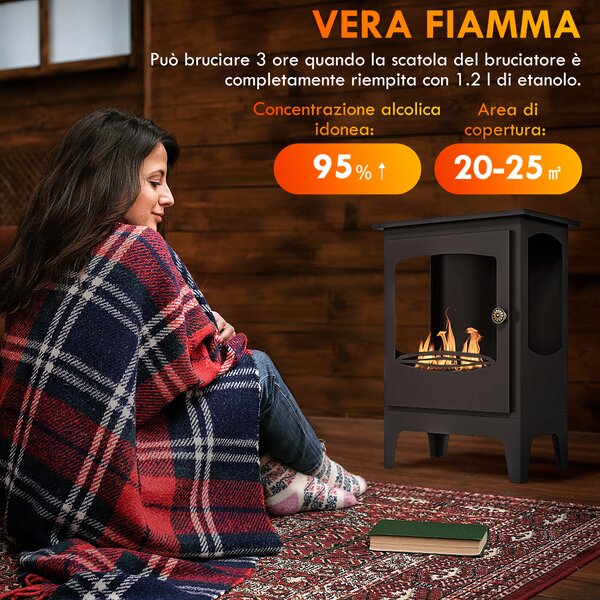 HOMCOM Camino a Bioetanolo con Estintore fiamma e Bruciatore da 1.2L per 3 Ore di Durata, in Acciaio Inox, 36x26x54cm, Nero | Aosom Italy
