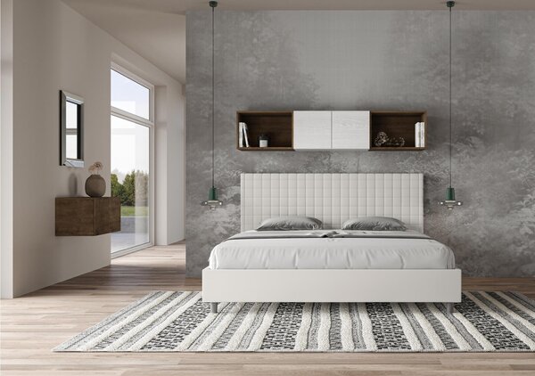 Letto matrimoniale SUNNY king size con giroletto imbottito, rivestimento in Microfibra dimensioni 180x190 cm testata con fantasia a quadretti, colore Bianco