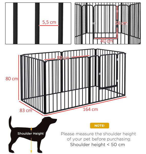 PawHut Recinto per Cani da Interno ed Esterno a 6 Pannelli Modulabili in Acciaio con Porta e Catenaccio di Sicurezza, 164x83x80 cm, Nero | Aosom