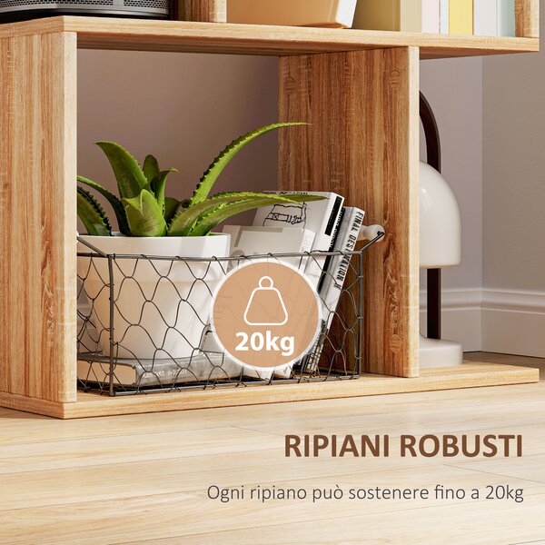 HOMCOM Scaffale Libreria Versatile a 5 Ripiani, Salvaspazio a Forma di S in Legno con Divisorio, 60x24x184.5 cm, Color Legno| Aosom Italy