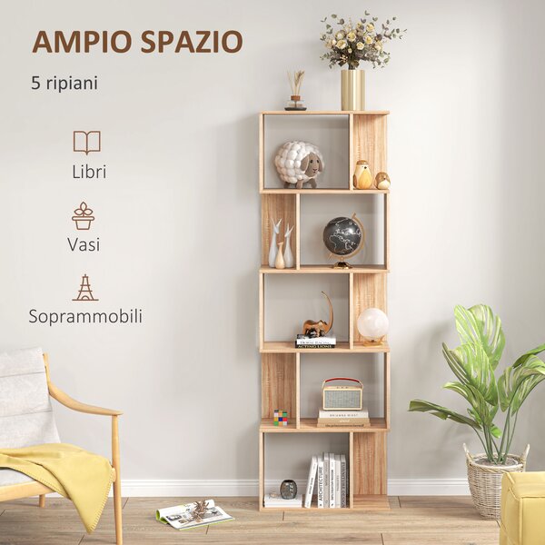 HOMCOM Scaffale Libreria Versatile a 5 Ripiani, Salvaspazio a Forma di S in Legno con Divisorio, 60x24x184.5 cm, Color Legno| Aosom Italy