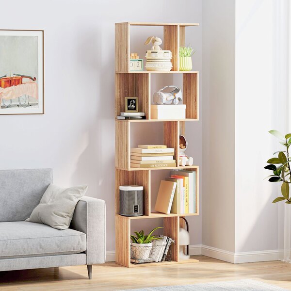 HOMCOM Scaffale Libreria Versatile a 5 Ripiani, Salvaspazio a Forma di S in Legno con Divisorio, 60x24x184.5 cm, Color Legno| Aosom Italy