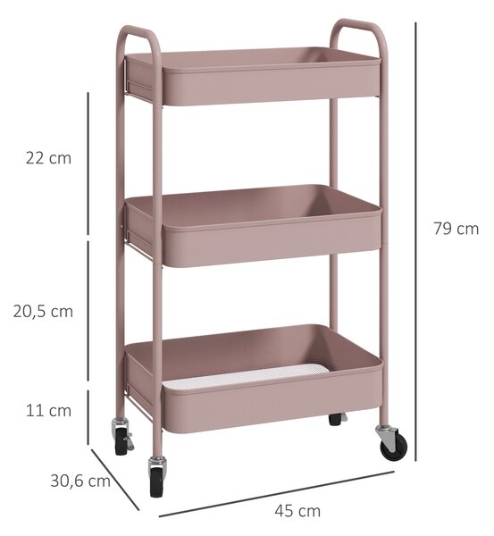 HOMCOM Carrello da Cucina a 3 Livelli con Maniglie e 4 Rotelle, in Acciaio, 45x30.6x79 cm, Rosa